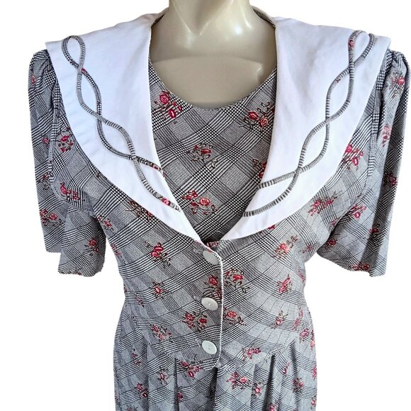 Vintage Dress 10/12 1980s Floral Plaid Dress Pad Sailor Collar JBS Secretary Mom - Picture 3 of 9